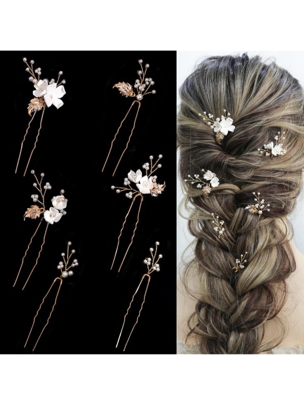 Women's Gold 6 Pieces Handmade Gold Leaf Pearls Flower Bridal Hair Bridesmaid